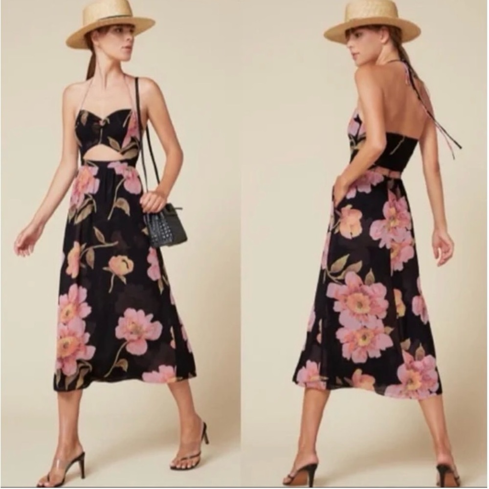 Reformation Black and Floral Midi Dress